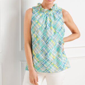 Talbots L Ruffle Neck Sleeveless Halter Shell Madras Plaid 100% Cotton